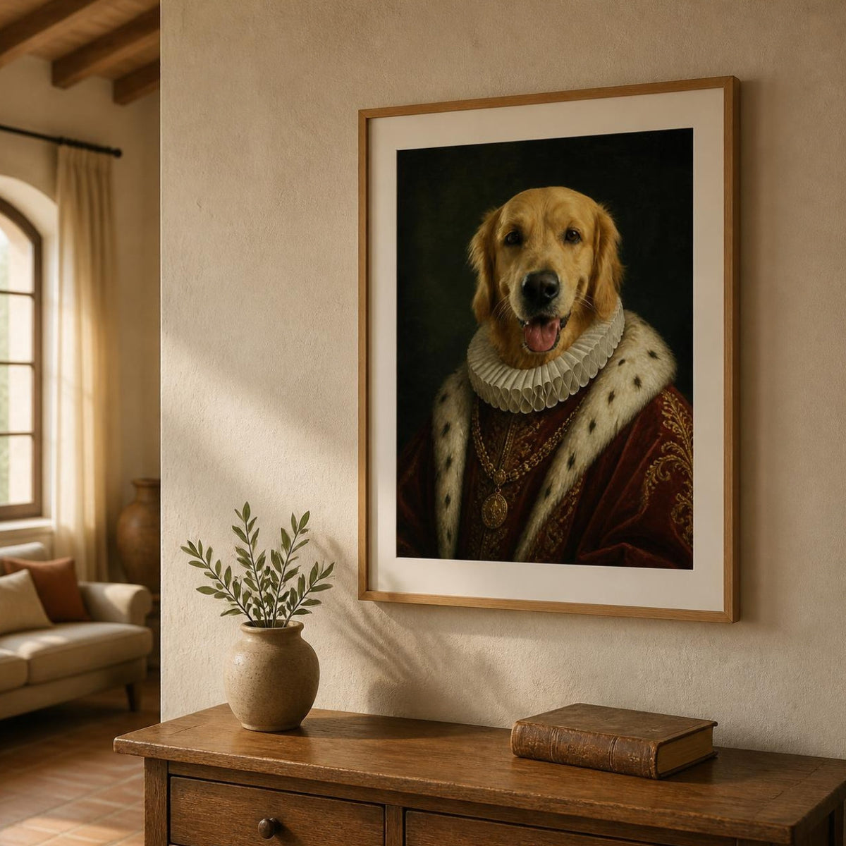 Ritratto rinascimentale di un golden retriever in cornice di rovere appeso in un soggiorno toscano
