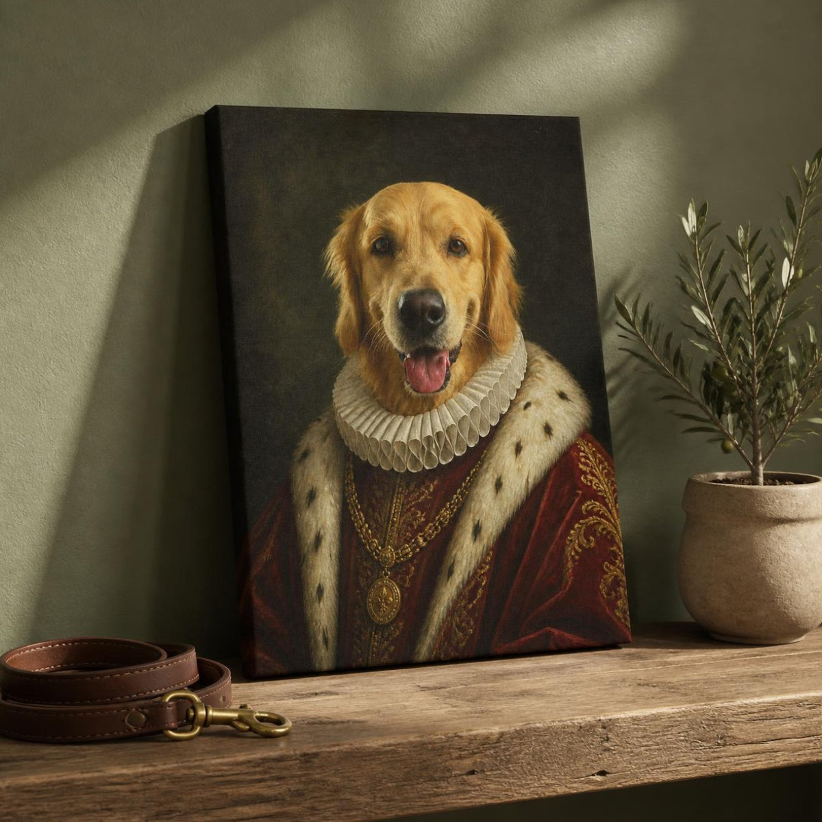 Ritratto rinascimentale di un golden retriever stampato su tela, appoggiato su una mensola di legno