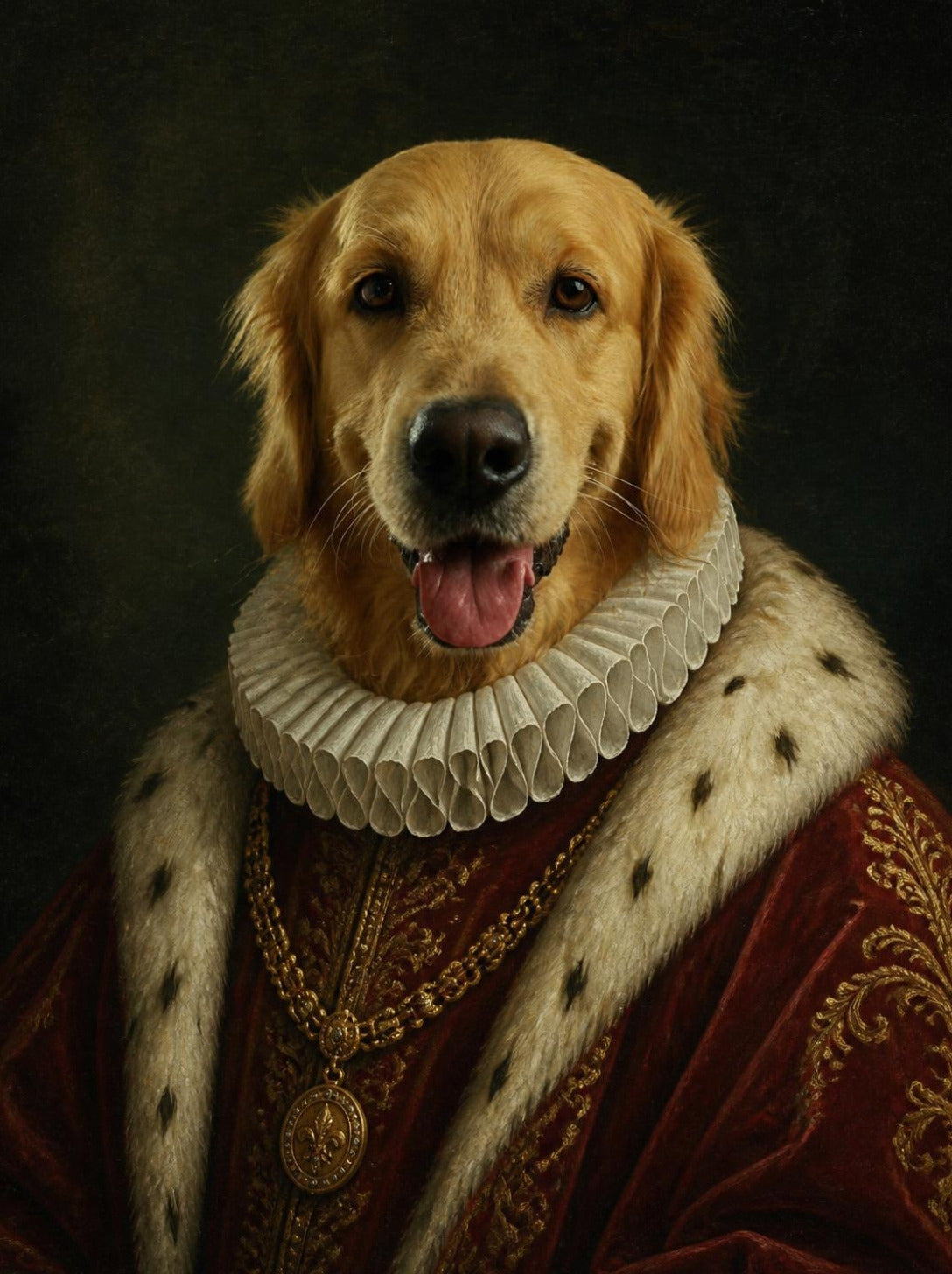 Golden retriever ritratto come un duca del Rinascimento con mantello di velluto rosso, ermellino e gorgiera