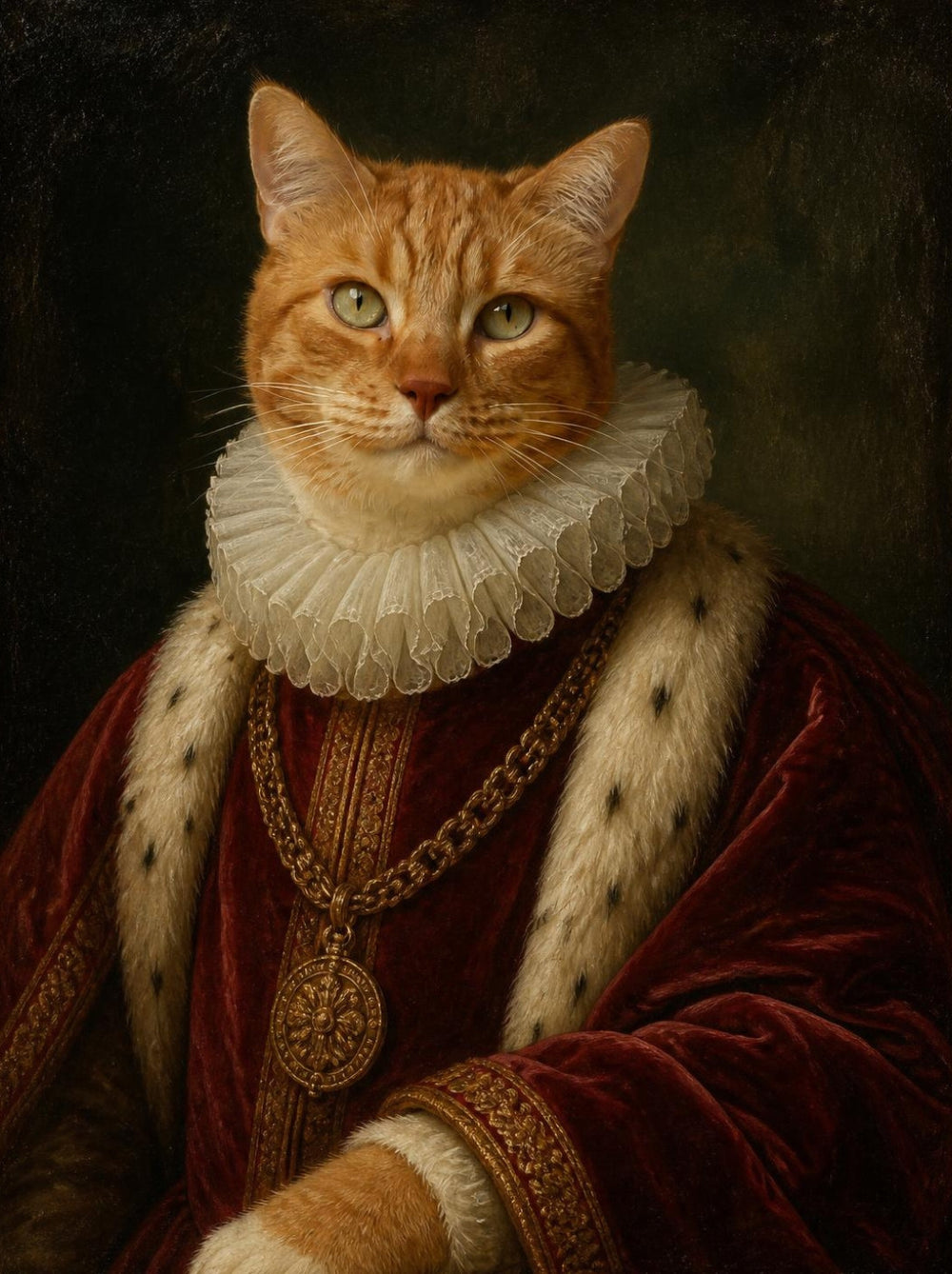 Gatto rosso ritratto come un duca del Rinascimento con mantello di velluto, ermellino e gorgiera