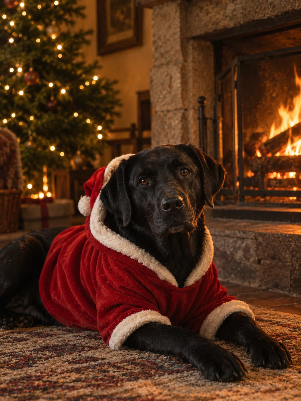 Labrador nero con la felpa rossa da Babbo Natale sdraiato davanti al camino acceso e all'albero di Natale