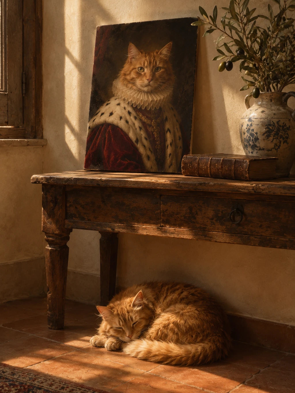 Ritratto rinascimentale di un gatto rosso su tela appoggiato su una consolle, con il gatto che dorme al sole sotto